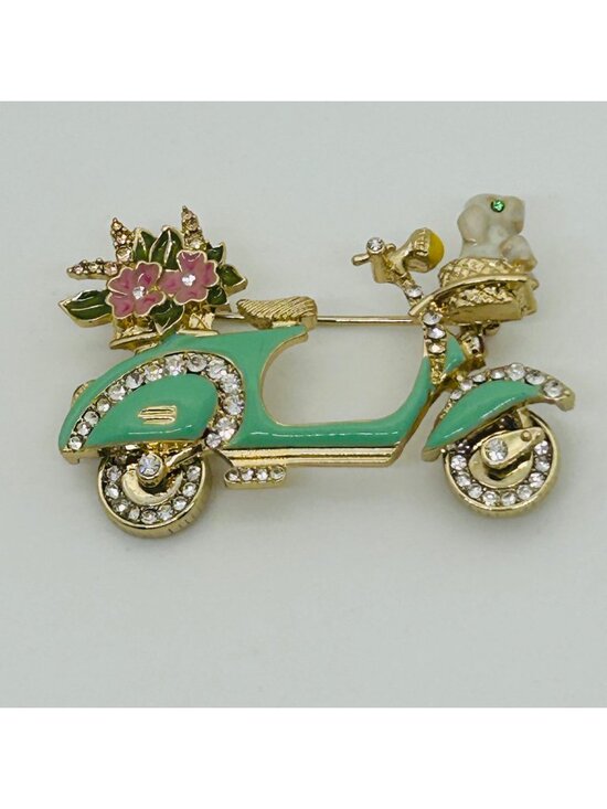 Anne Klein Jewelry - Anne Klein Green Enamel Scooter Brooch With Dog & Flower Rhinestone Accents